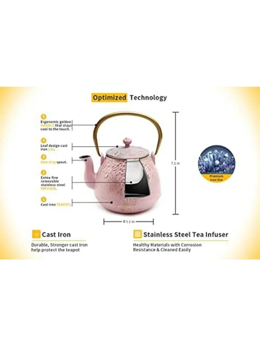 Elegant Japanese Cast Iron Teapot with Infuser, Stovetop Safe, 32oz, Blush Pink